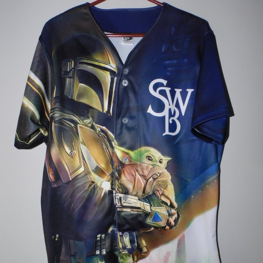 game worn AAA NY Yankees Star Wars baseball jersey SWB Railriders mandalorian